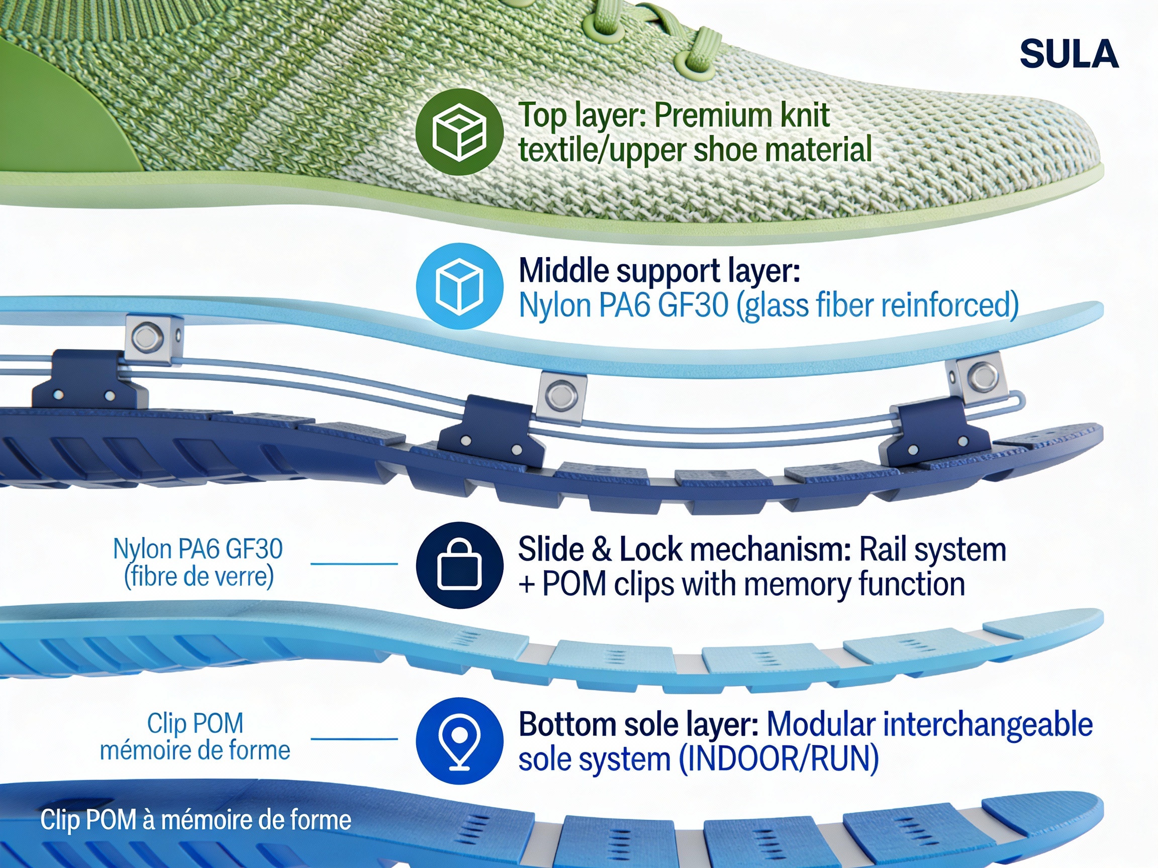 semelles interchangeables, matériaux, slid and lock pour le sport